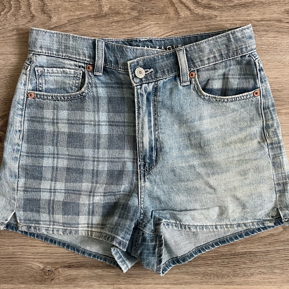 American Eagle Highest Rise Mom Denim Shorts 00 Plaid Pattern Preppy Casual